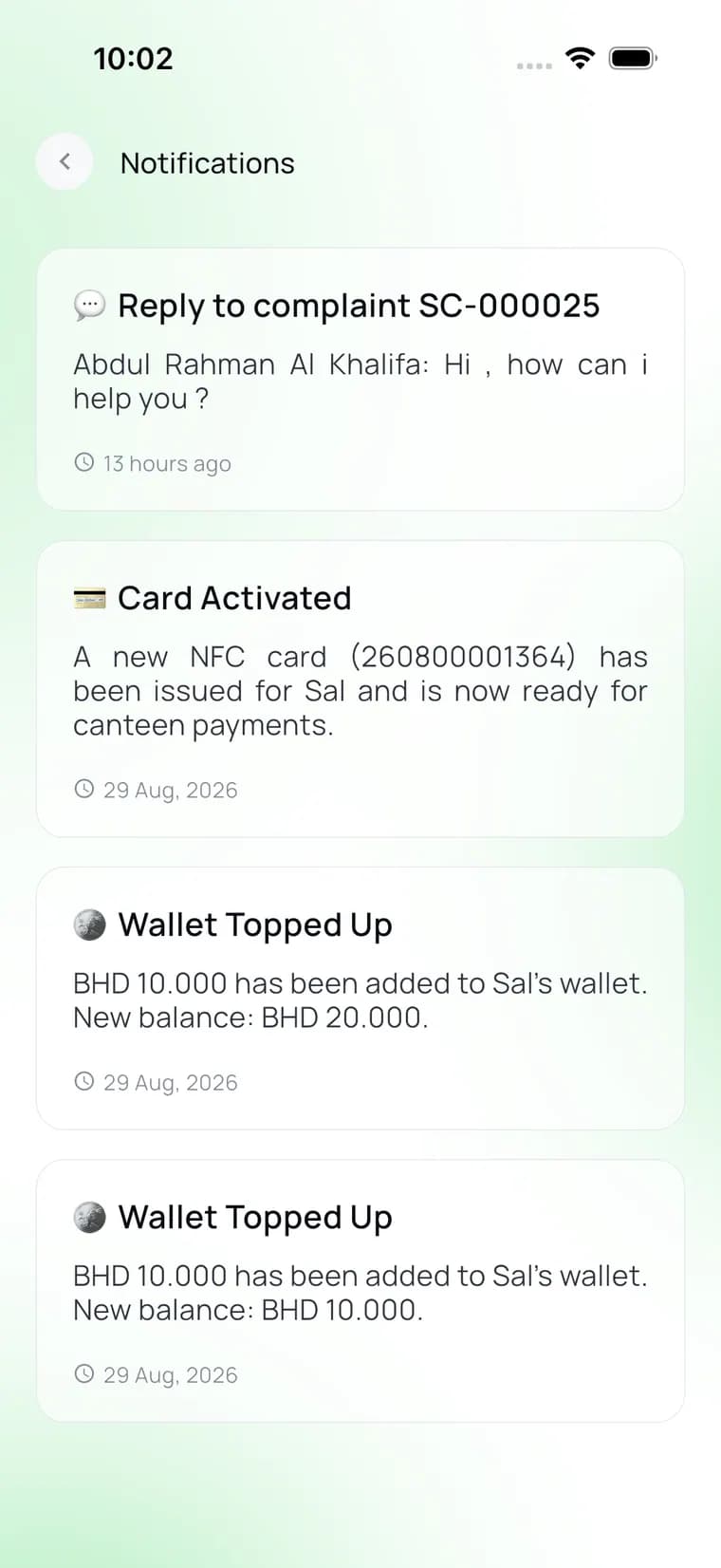 The CanteenMate notifications screen, listing canteen purchases, top-ups and low balance alerts