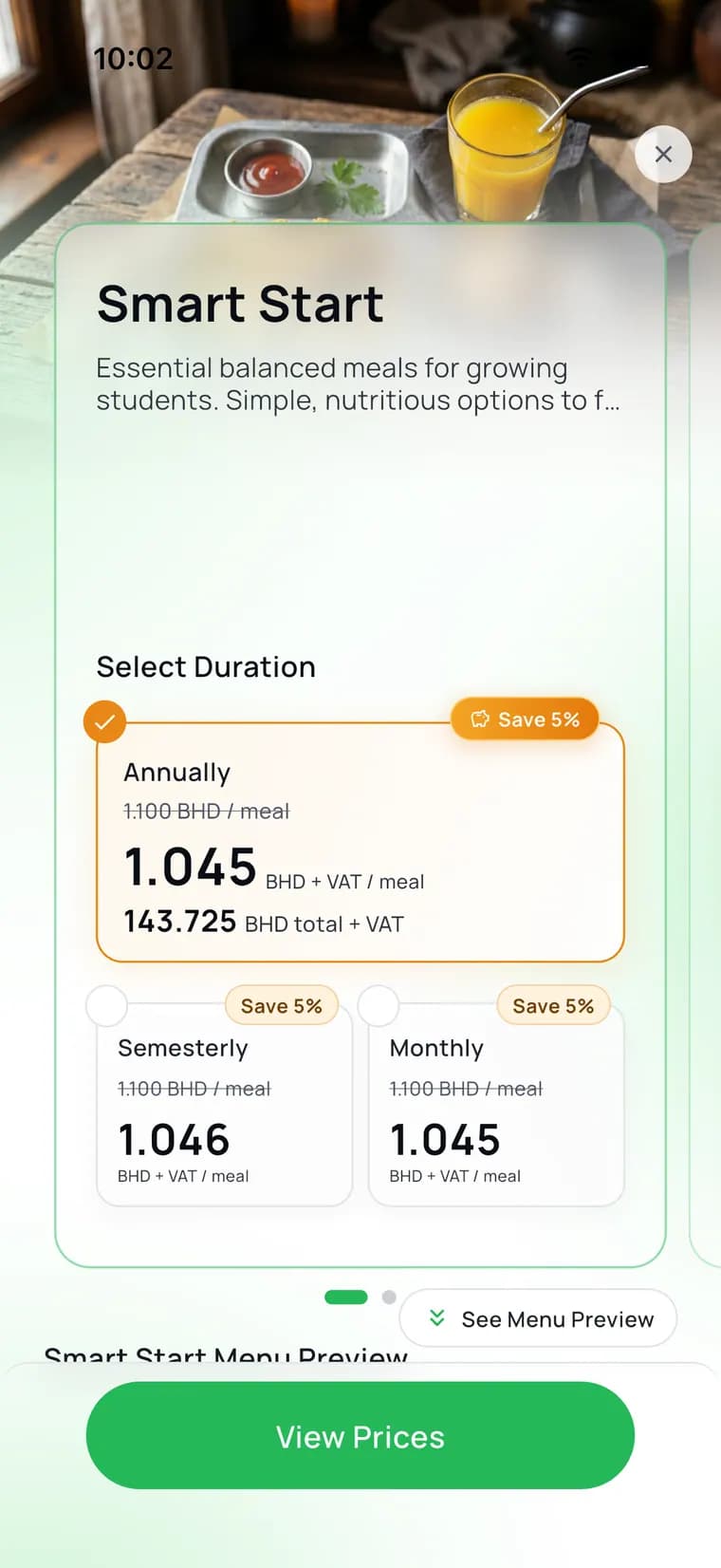 The CanteenMate plans screen, comparing the annual, semesterly and monthly price per meal